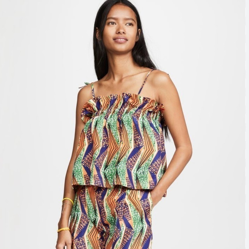 Stella Jean Printed Sleeveless Ruffle Crop Top Orange Blue Casual Summer